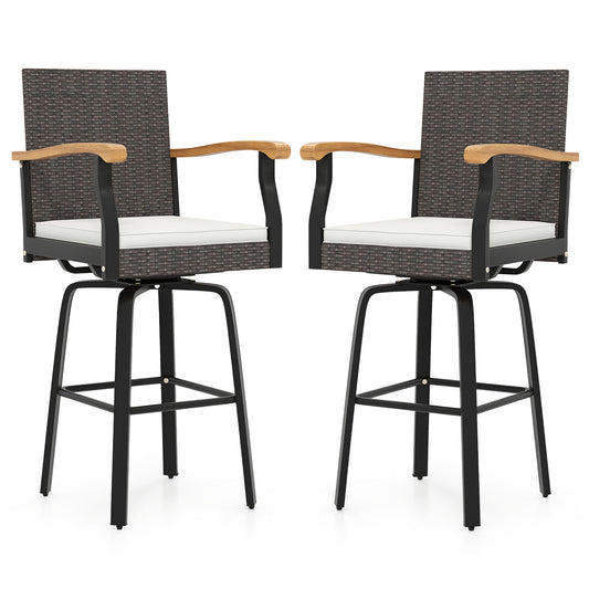Set Of 2 Outdoor Swivel Bar Stools, With Cushion And Acacia Wood Armrests, Brown Patio Bar Furniture Brown at Gallery Canada