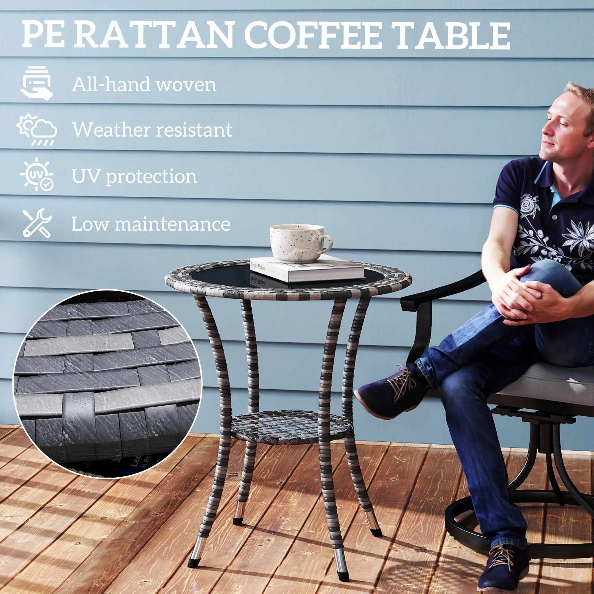 Outdoor Rattan Dining Table, Round Wicker Coffee Table, 2-Tier Shelf, Mixed Grey Patio Dinning Tables at Gallery Canada