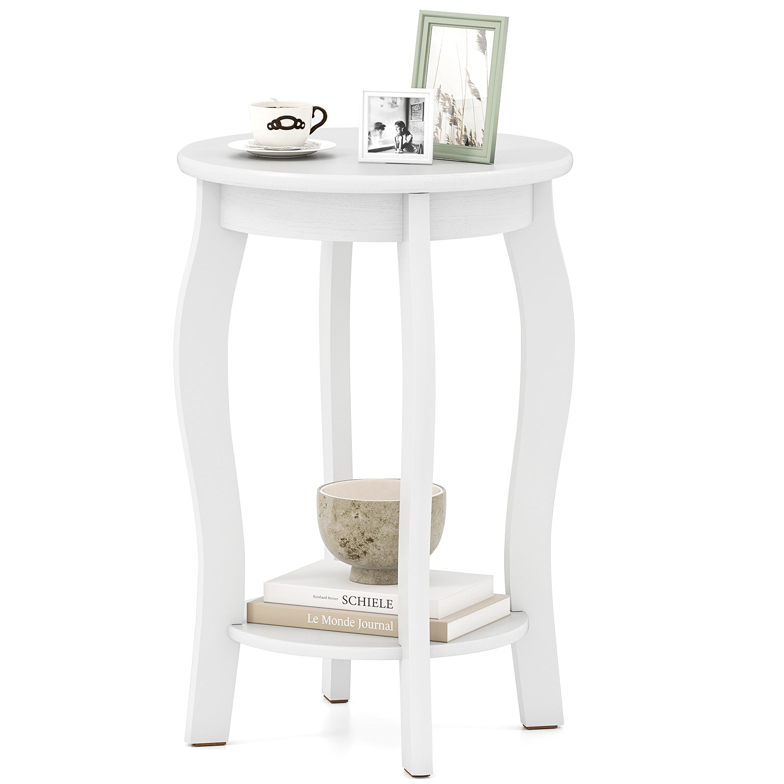 15 Inch 2-Tier Round End Table with Storage Shelf, White End & Side Tables at Gallery Canada