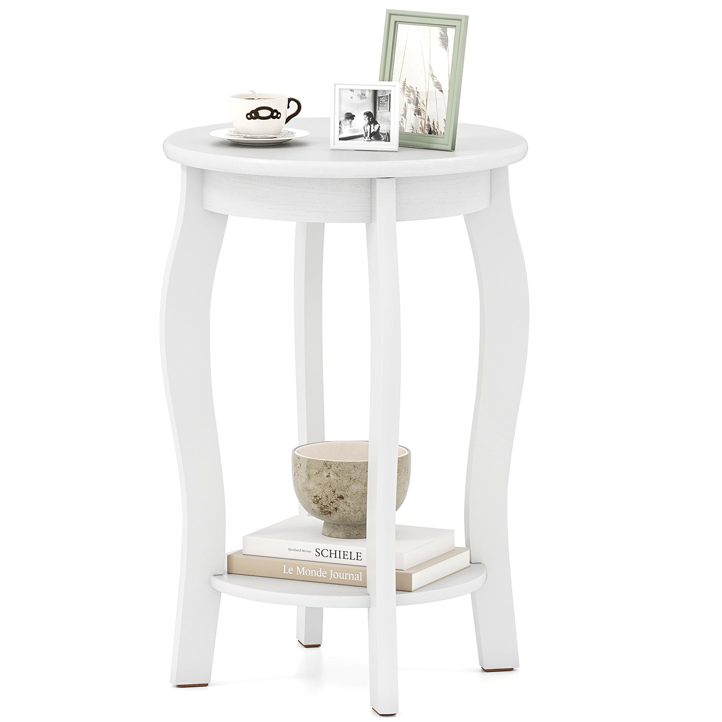 15 Inch 2-Tier Round End Table with Storage Shelf, White End & Side Tables at Gallery Canada