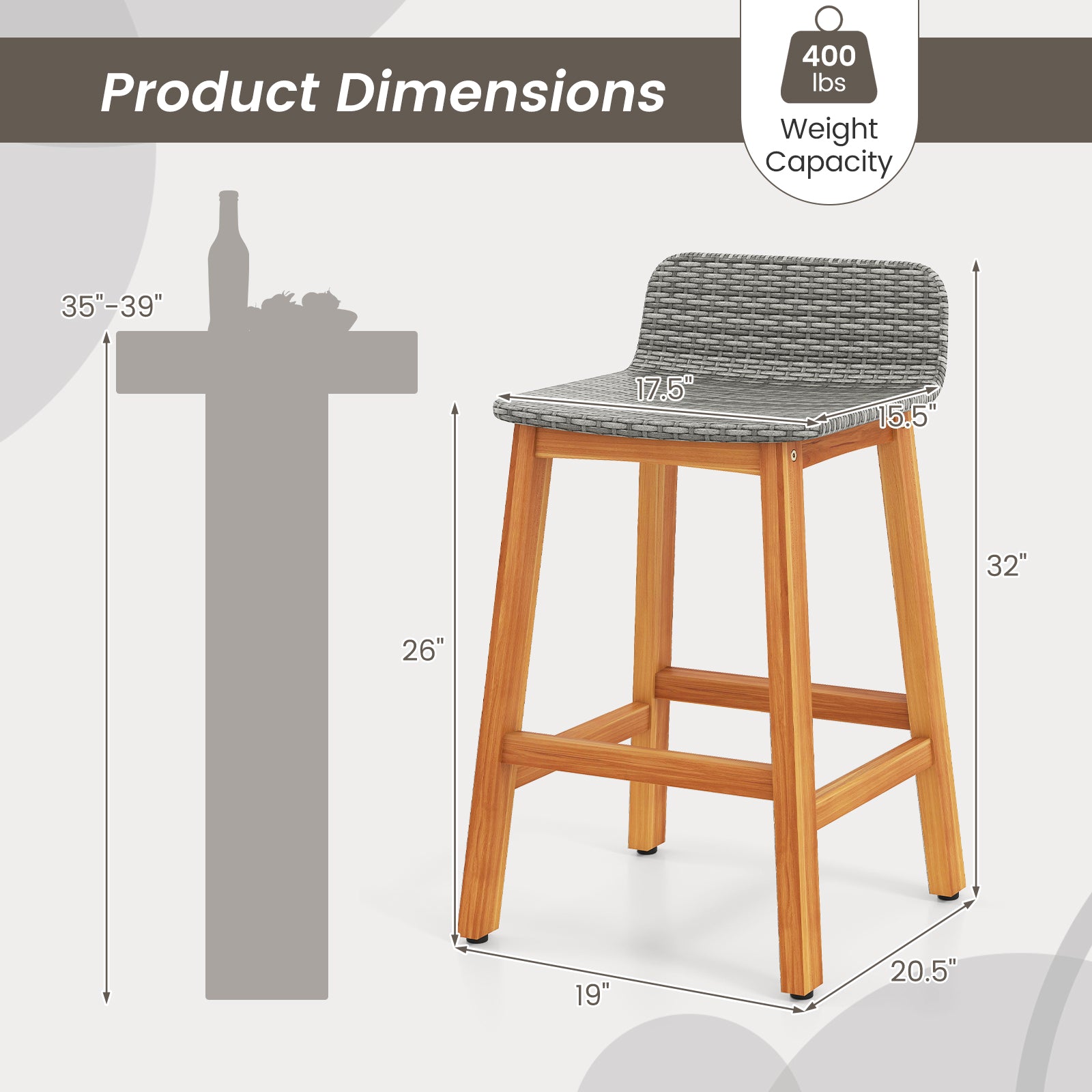 Solid Acacia Wood Bar Stools Set of 2 with Backrests and Footrests for Porch, Gray Patio Bar Furniture at Gallery Canada