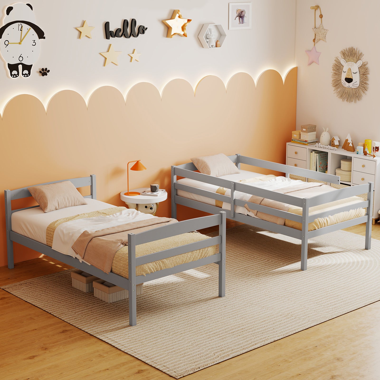 Solid Wood Twin Over Twin Bunk Bed Frame with High Guardrails and Integrated Ladder, Gray Bunk Bed Frame at Gallery Canada