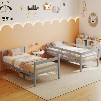 Solid Wood Twin Over Twin Bunk Bed Frame with High Guardrails and Integrated Ladder, Gray Bunk Bed Frame at Gallery Canada