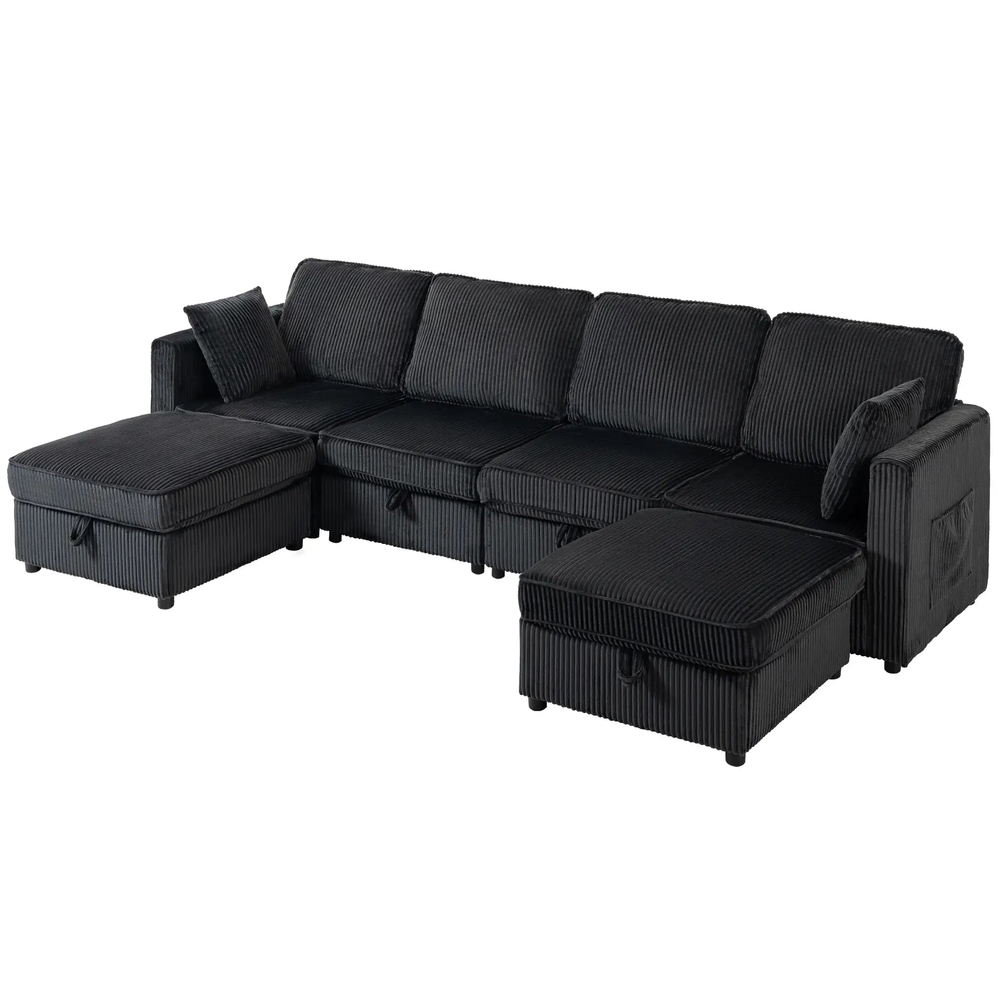 Modular U-Shaped Corduroy Sofa, Dual Storage Ottoman, 4 Pillows, Dark Grey L Shaped Couchs Dark Grey, Black at Gallery Canada