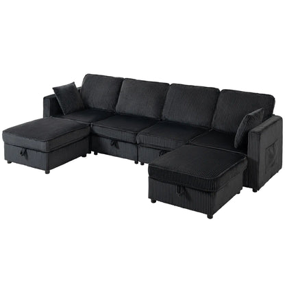 Modular U-Shaped Corduroy Sofa, Dual Storage Ottoman, 4 Pillows, Dark Grey L Shaped Couchs Dark Grey, Black at Gallery Canada