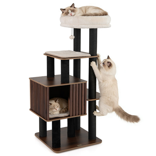 53.5 inch Tall Cat Tree for Indoor Cat Wooden Cat Tower Top Perch with Soft Padding, Brown