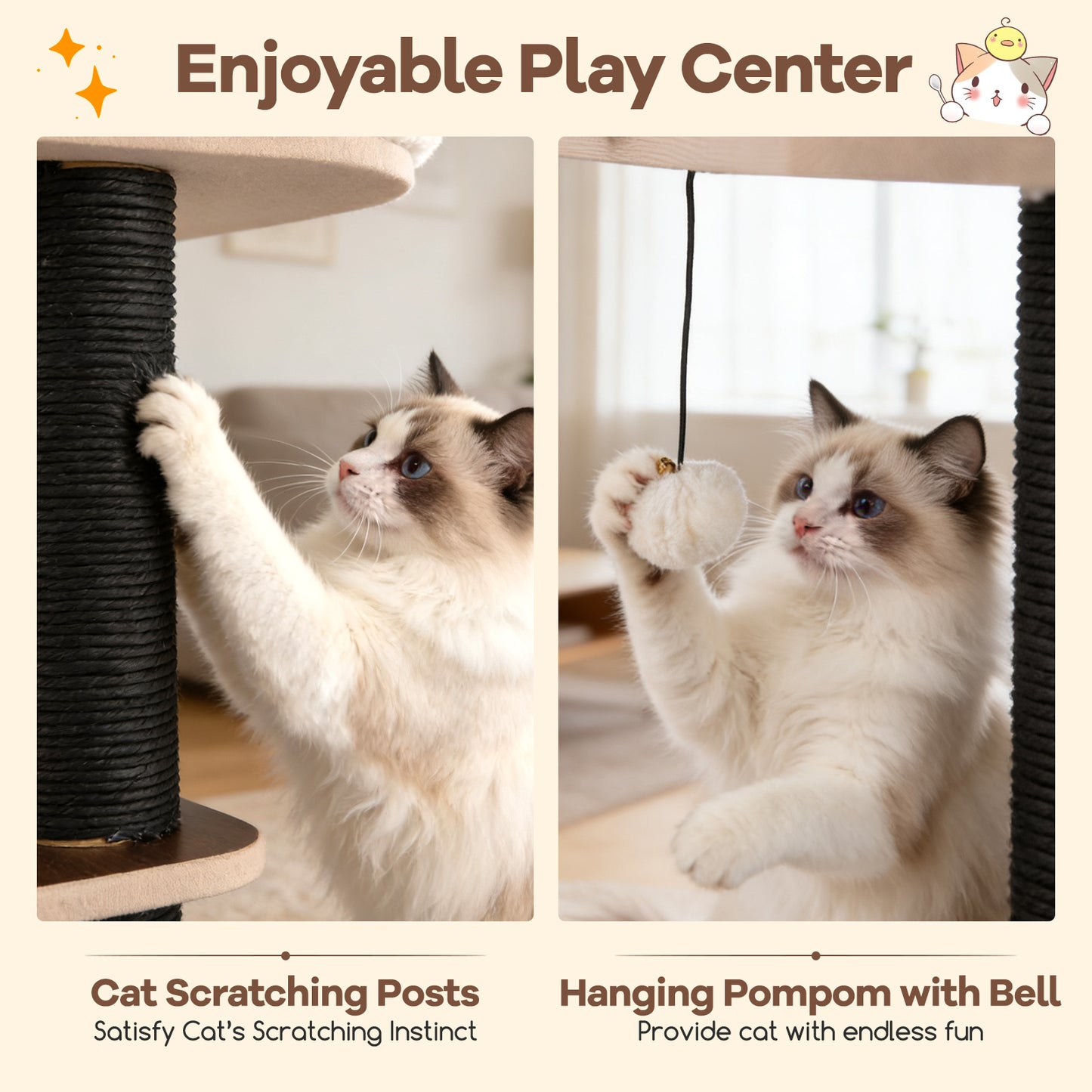 53.5 inch Tall Cat Tree for Indoor Cat Wooden Cat Tower Top Perch with Soft Padding, Brown Cat Trees Condos & Scratchers at Gallery Canada