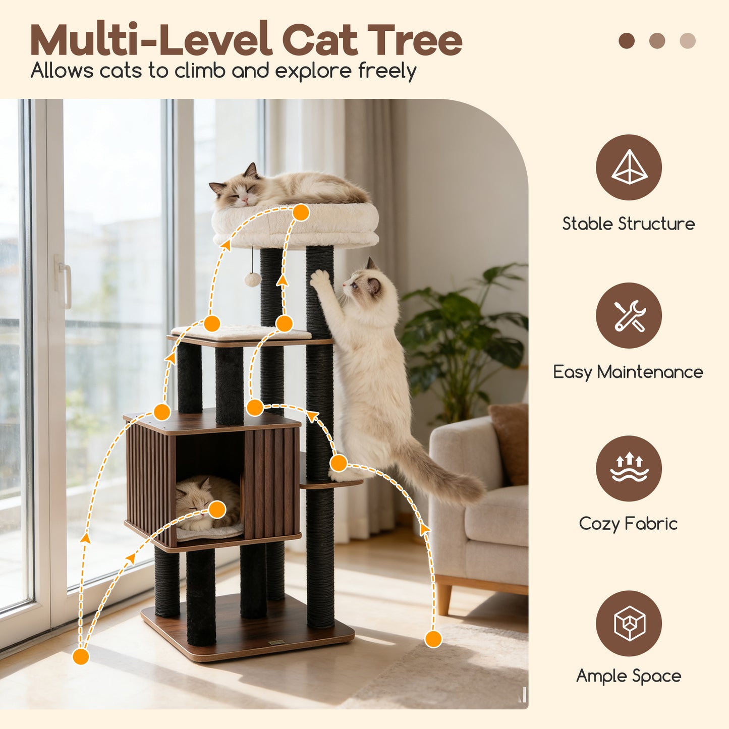 53.5 inch Tall Cat Tree for Indoor Cat Wooden Cat Tower Top Perch with Soft Padding, Brown Cat Trees Condos & Scratchers at Gallery Canada