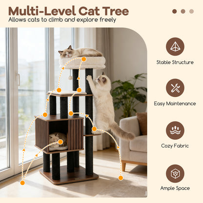 53.5 inch Tall Cat Tree for Indoor Cat Wooden Cat Tower Top Perch with Soft Padding, Brown Cat Trees Condos & Scratchers at Gallery Canada