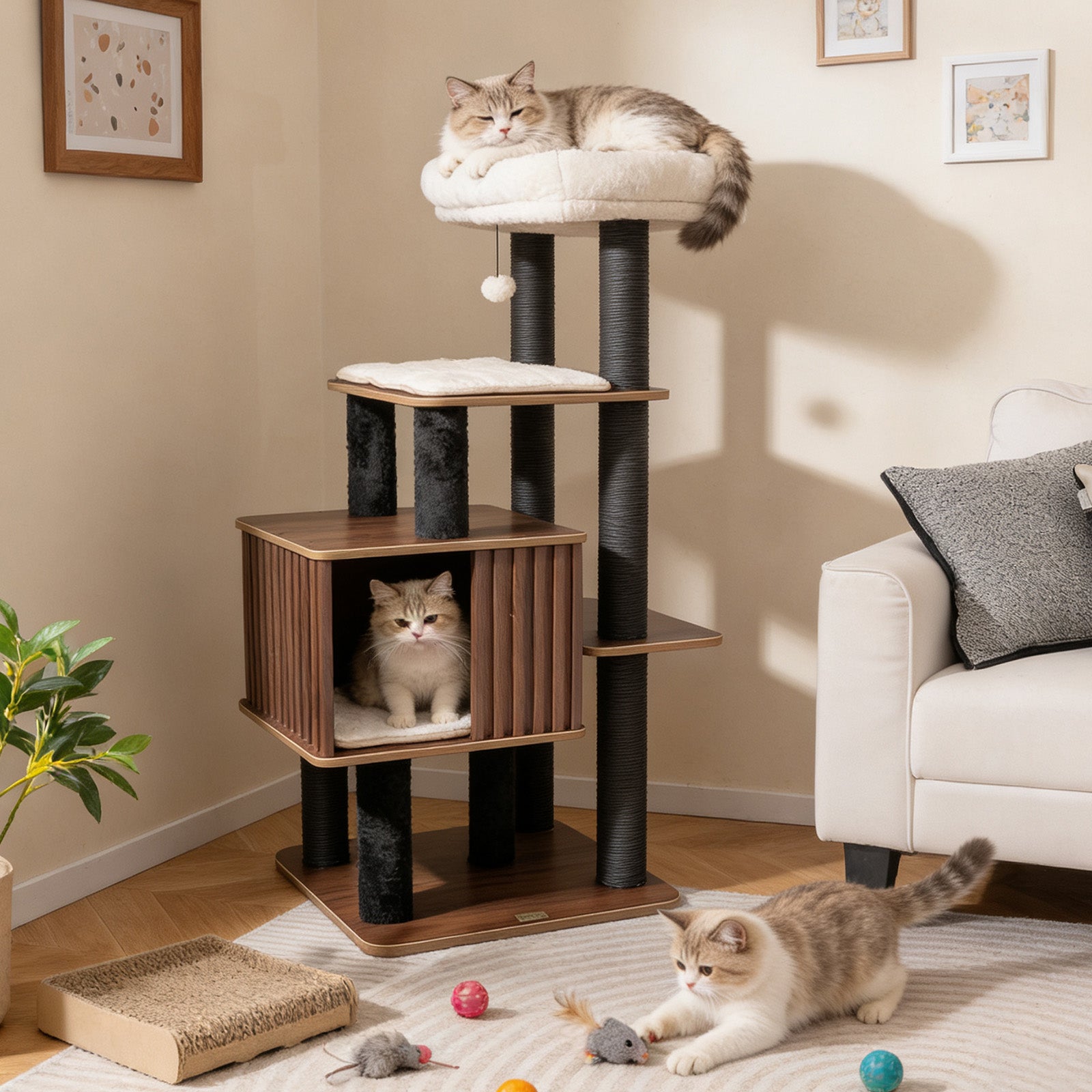 53.5 inch Tall Cat Tree for Indoor Cat Wooden Cat Tower Top Perch with Soft Padding, Brown Cat Trees Condos & Scratchers at Gallery Canada