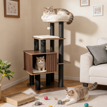 53.5 inch Tall Cat Tree for Indoor Cat Wooden Cat Tower Top Perch with Soft Padding, Brown Cat Trees Condos & Scratchers at Gallery Canada