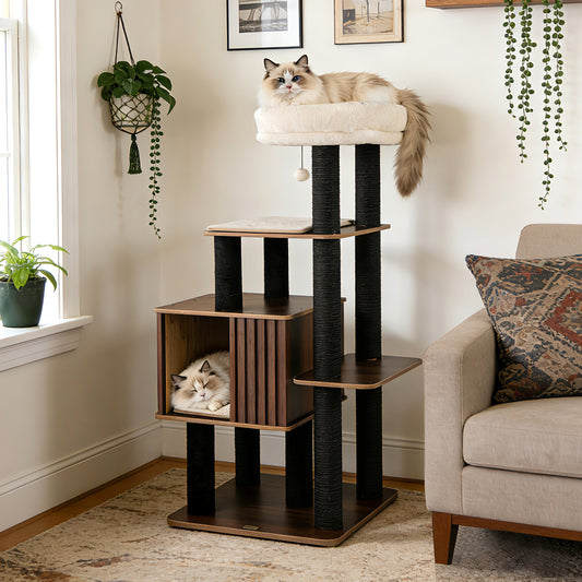 53.5 inch Tall Cat Tree for Indoor Cat Wooden Cat Tower Top Perch with Soft Padding, Brown Cat Trees Condos & Scratchers Brown at Gallery Canada