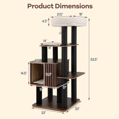 53.5 inch Tall Cat Tree for Indoor Cat Wooden Cat Tower Top Perch with Soft Padding, Brown Cat Trees Condos & Scratchers at Gallery Canada