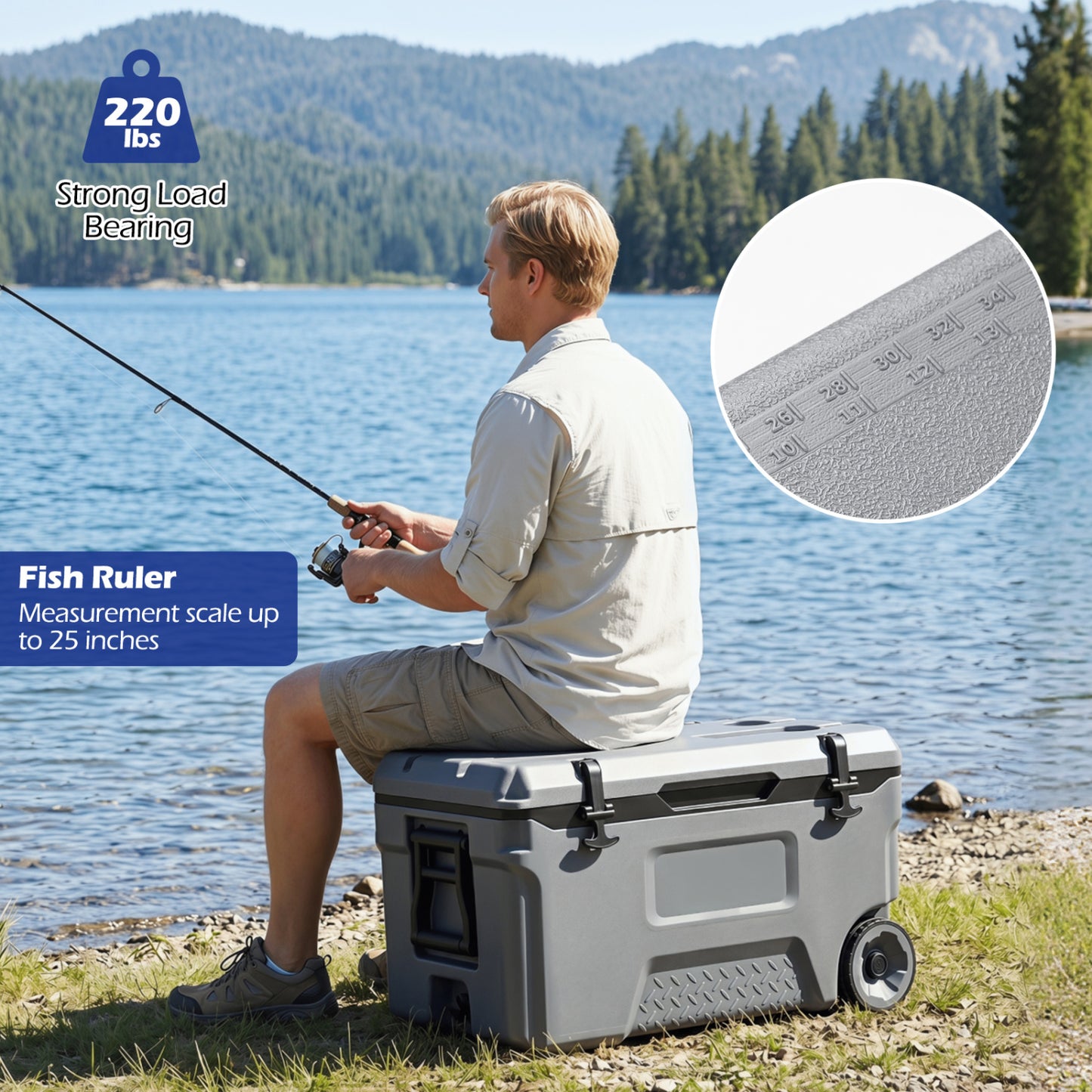 53 Quart Portable Rolling Cooler with Fish Ruler for Outdoor, Gray Coolers at Gallery Canada
