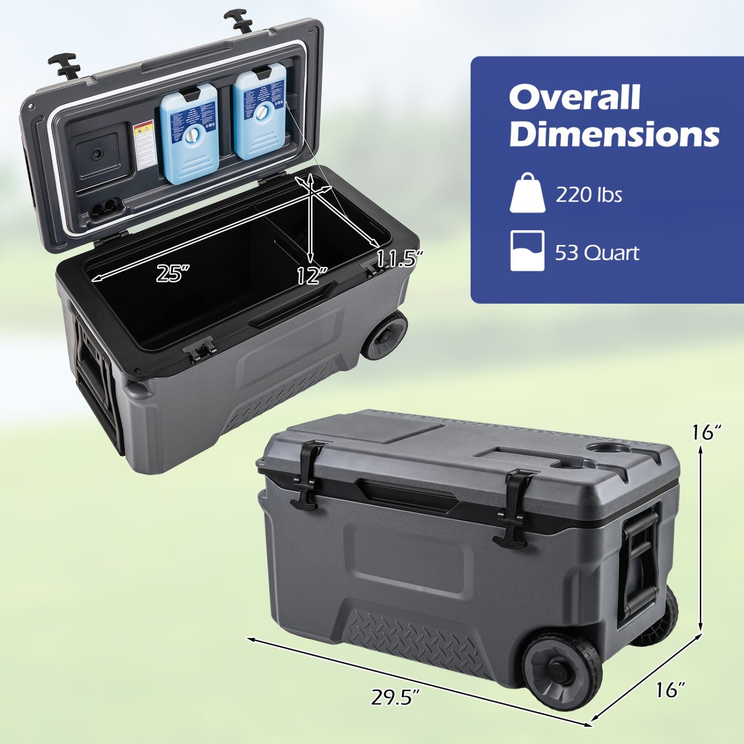 53 Quart Portable Rolling Cooler with Fish Ruler for Outdoor, Gray Coolers at Gallery Canada