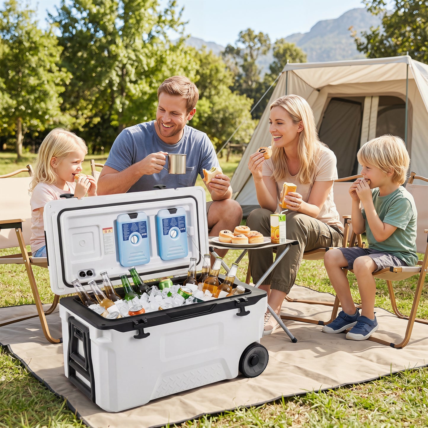 53 Quart Portable Rolling Cooler with Fish Ruler for Outdoor, White Coolers at Gallery Canada