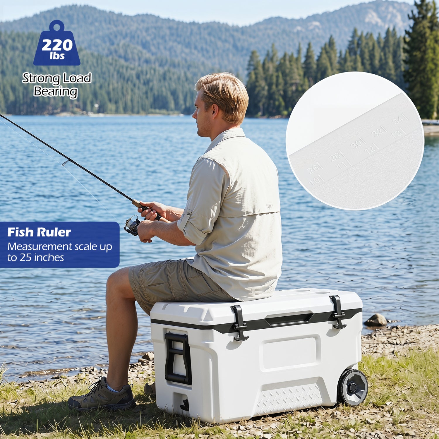53 Quart Portable Rolling Cooler with Fish Ruler for Outdoor, White Coolers at Gallery Canada