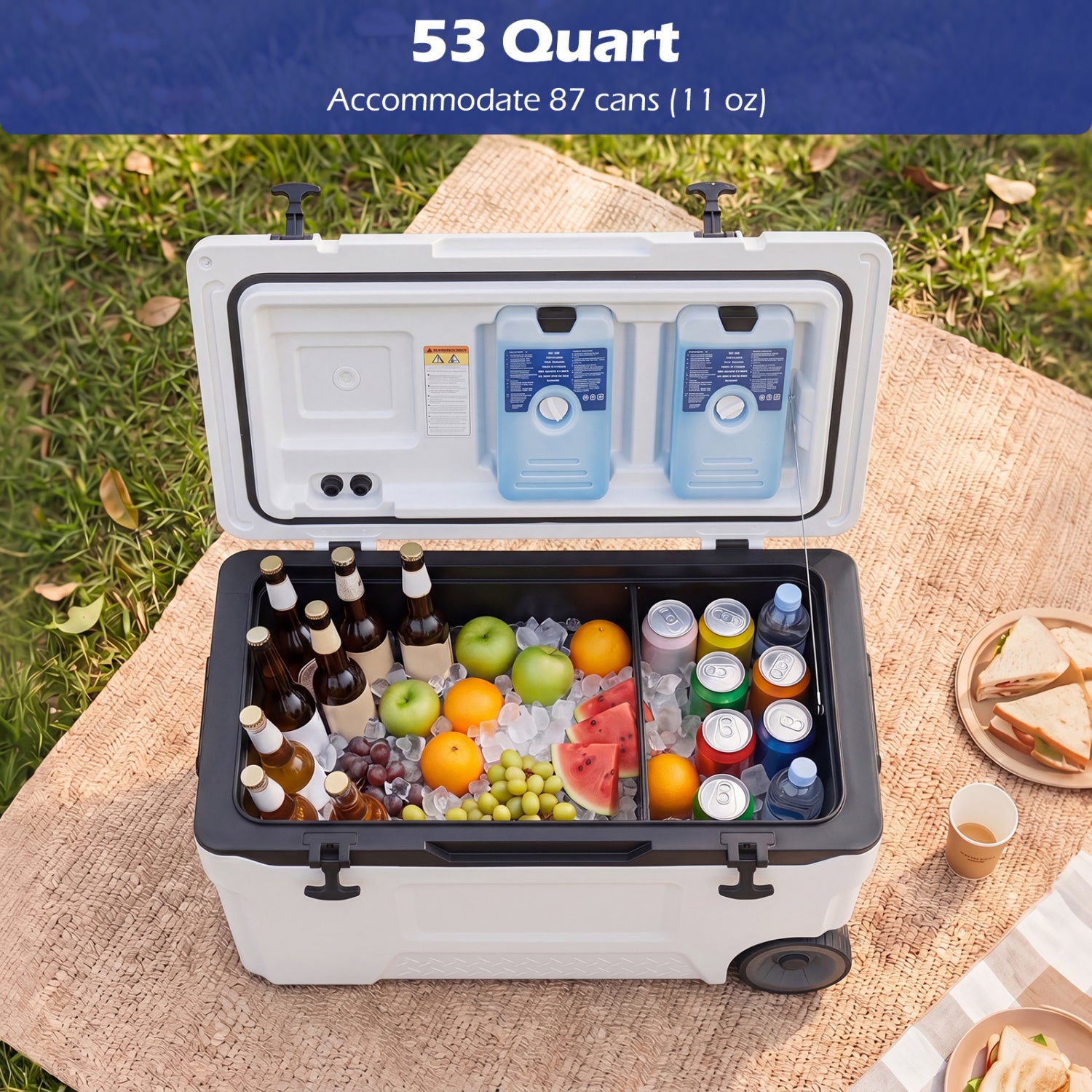 53 Quart Portable Rolling Cooler with Fish Ruler for Outdoor, White Coolers at Gallery Canada