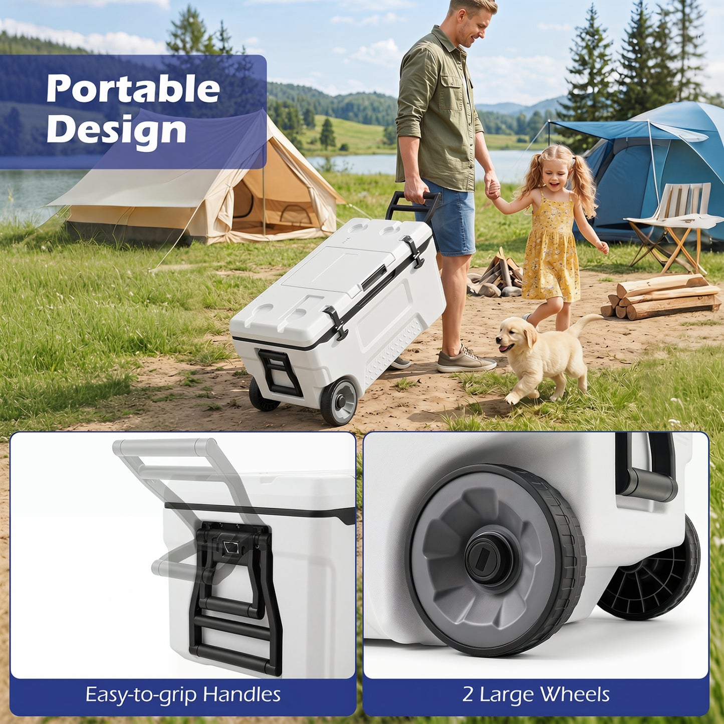 53 Quart Portable Rolling Cooler with Fish Ruler for Outdoor, White Coolers at Gallery Canada