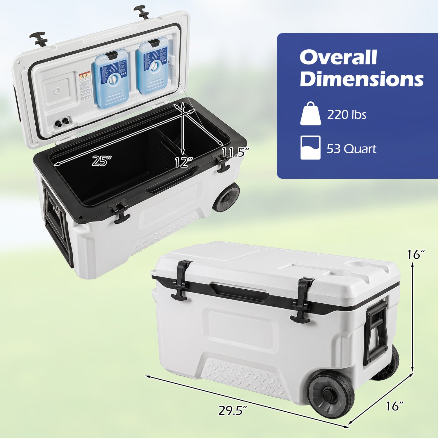 53 Quart Portable Rolling Cooler with Fish Ruler for Outdoor, White Coolers at Gallery Canada