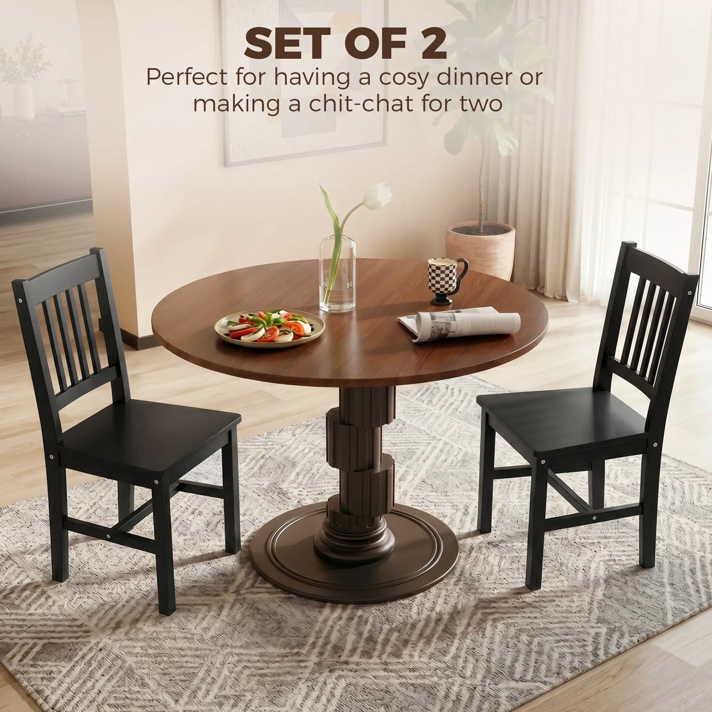 Set of 2 Kitchen Chairs with Slat Back, Black