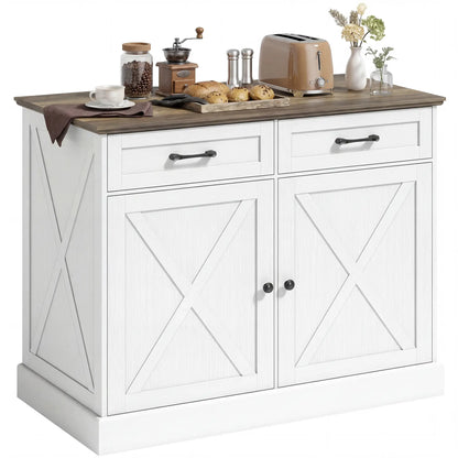 Kitchen Island with Sitting Space, Sideboard Cabinet with 2 Drawers and 2 Adjustable Shelves for Dining Room, White