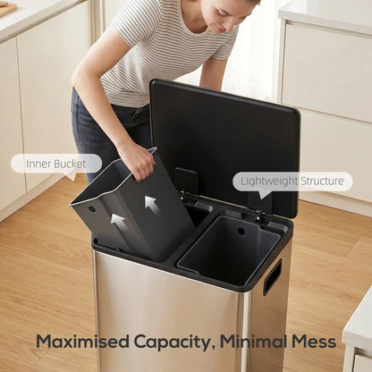 2 x 30L / 7.9 Gallon Dual Trash Can with Removable Inner Buckets and Handles for Kitchen, Office, Bathroom, Silver