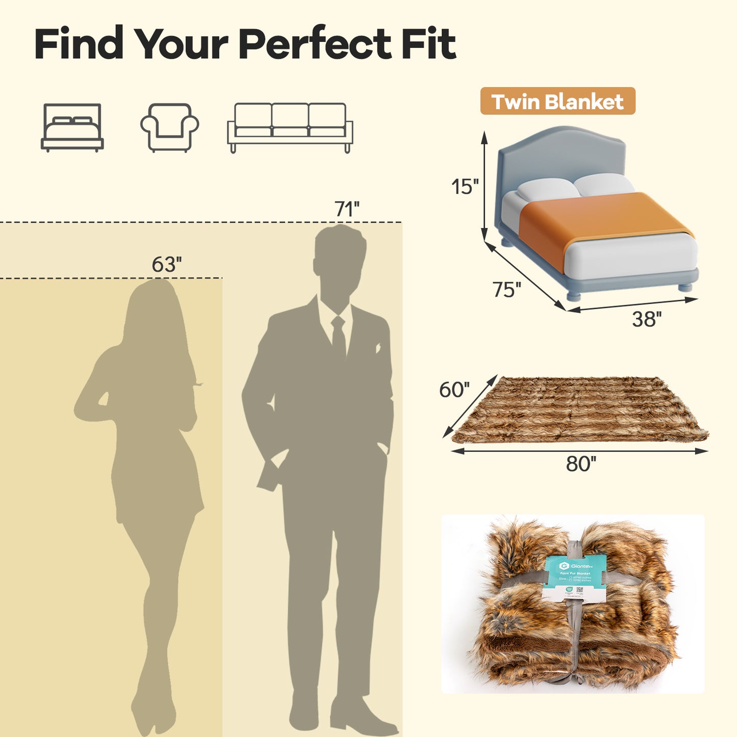 540GSM Soft Plush Fuzzy Luxury Faux Raccoon Fur Blanket for Bed-M, Golden