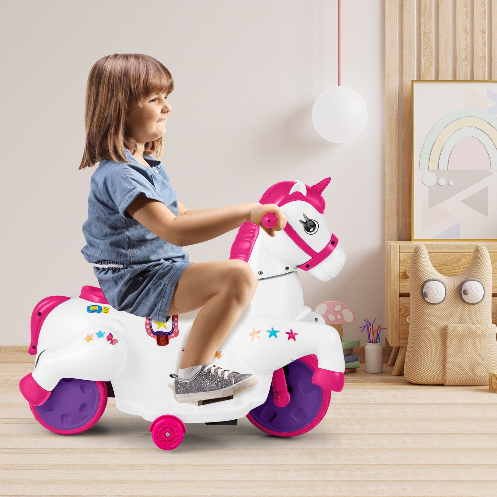 12V Unicorn Ride on Toy with Training Wheels and Horse Riding Mode, Rose Red Powered Ride On Toys at Gallery Canada