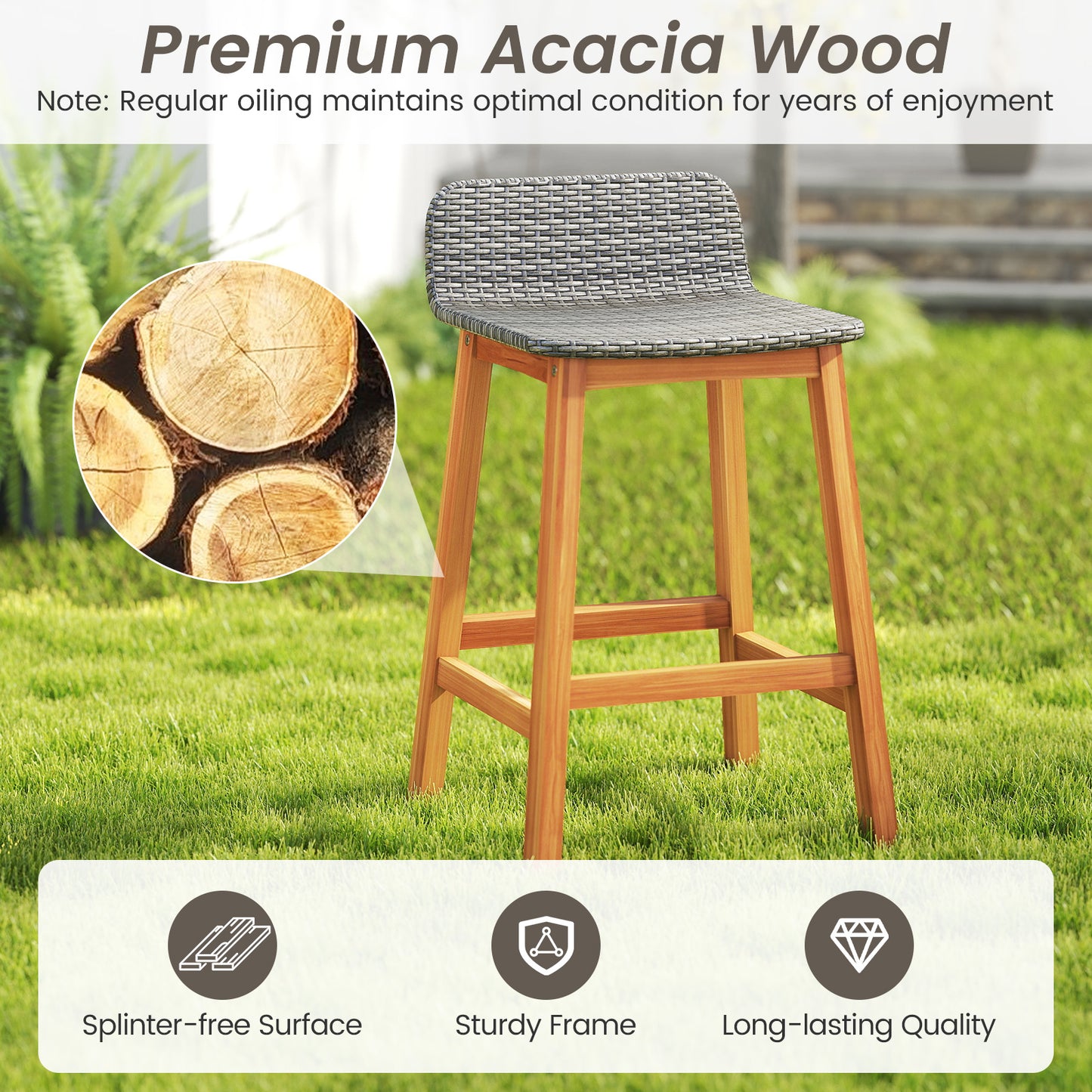 Solid Acacia Wood Bar Stools Set of 2 with Backrests and Footrests for Porch, Gray Patio Bar Furniture at Gallery Canada