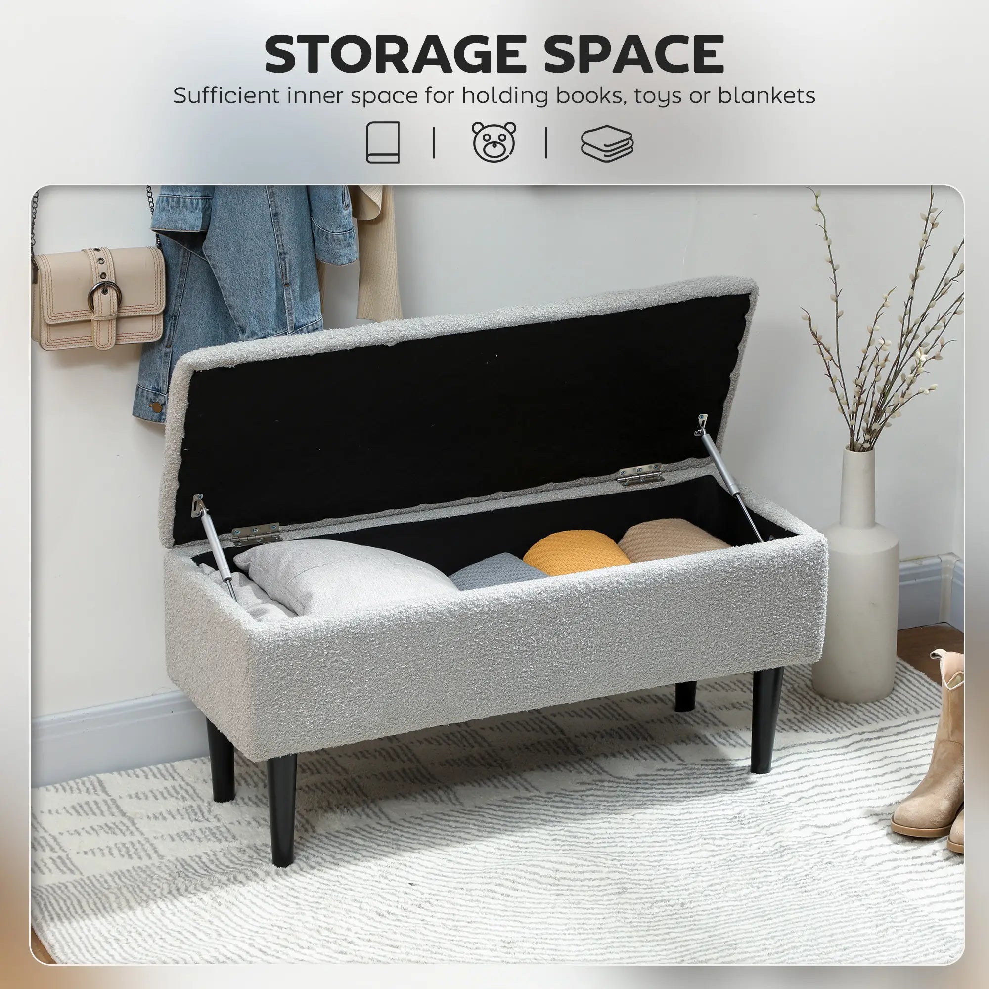 Modern Storage Bench, Ottoman with Lamb's Wool Upholstery, Grey Storage Ottomans & Benches at Gallery Canada