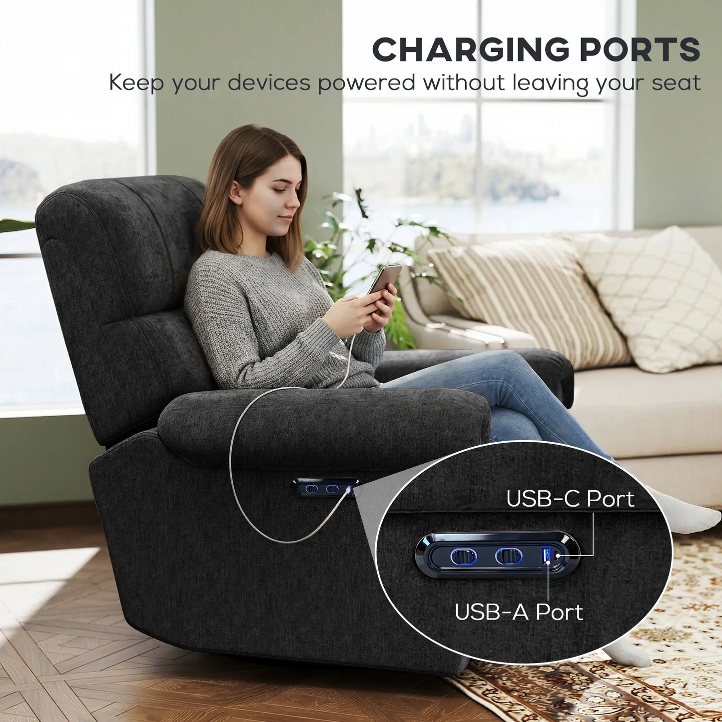 Power Recliner Chair, Fabric Upholstered, USB Ports, Swivel Rocking, Footrest, Black Single Sofas at Gallery Canada