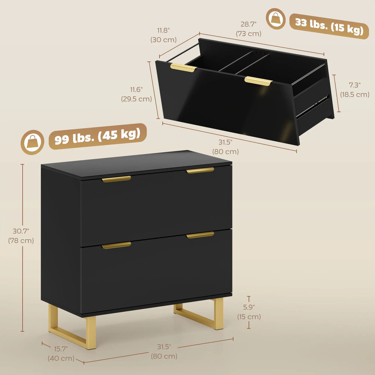 Lateral File Cabinet, 2 Drawers, Letter/A4/Legal Size, High Gloss Black Office Cabinets & Cupboards at Gallery Canada
