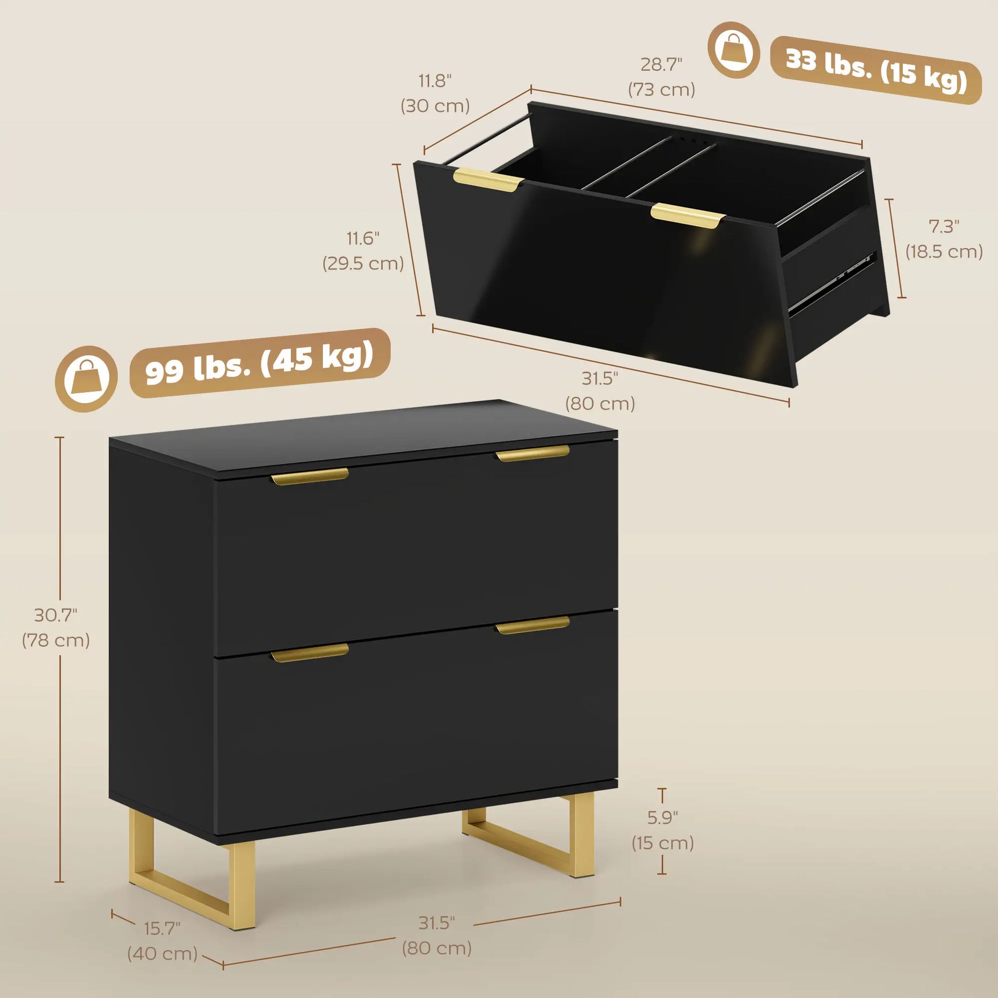 Lateral File Cabinet, 2 Drawers, Letter/A4/Legal Size, High Gloss Black Office Cabinets & Cupboards at Gallery Canada
