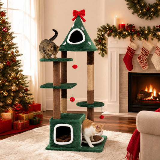 54" Christmas Cat Tree, 2 Condos, Removable Cushion, Green