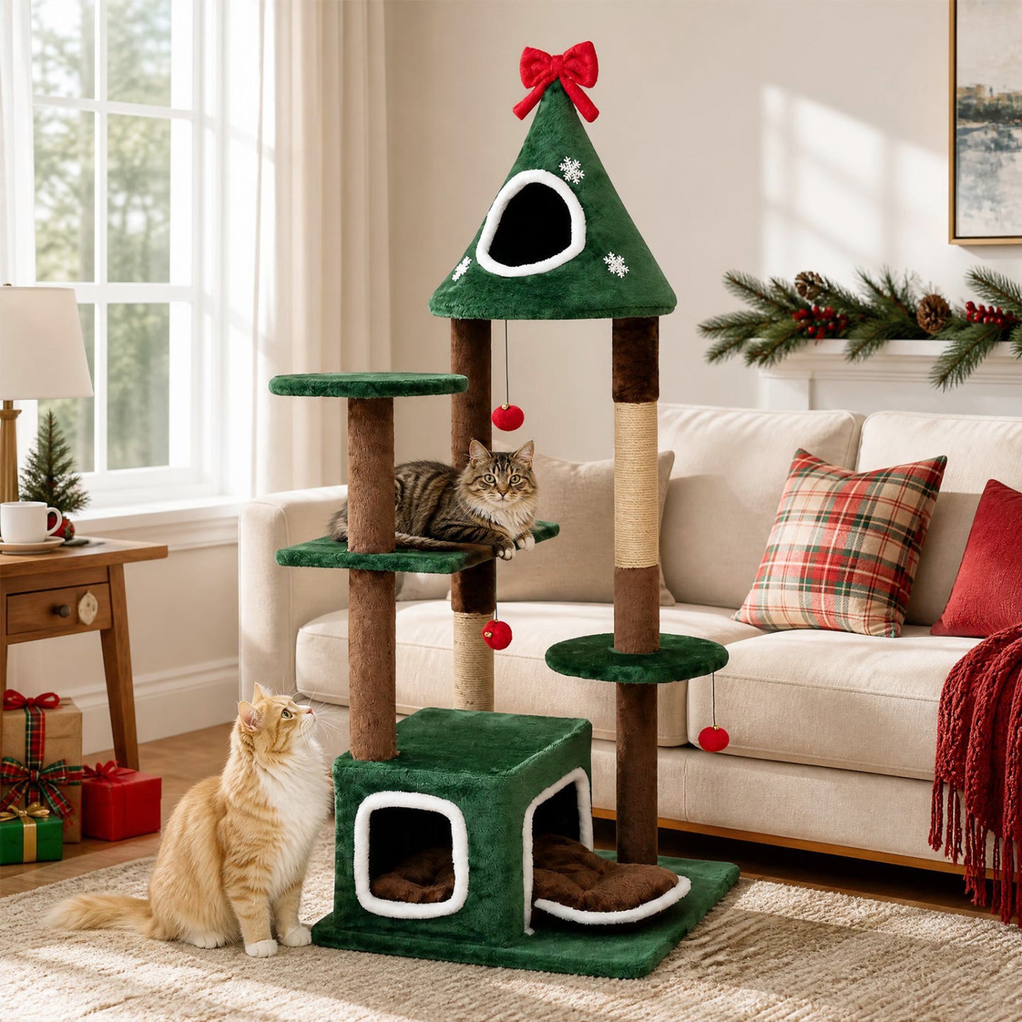 54" Christmas Cat Tree, 2 Condos, Removable Cushion, Green