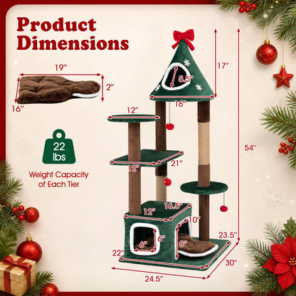 54" Christmas Cat Tree, 2 Condos, Removable Cushion, Green