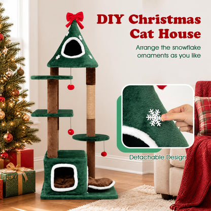 54" Christmas Cat Tree, 2 Condos, Removable Cushion, Green