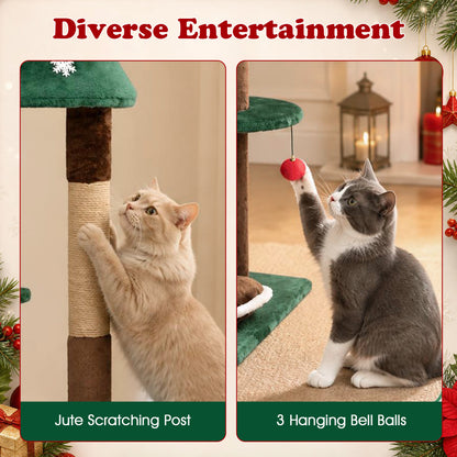 54" Christmas Cat Tree, 2 Condos, Removable Cushion, Green