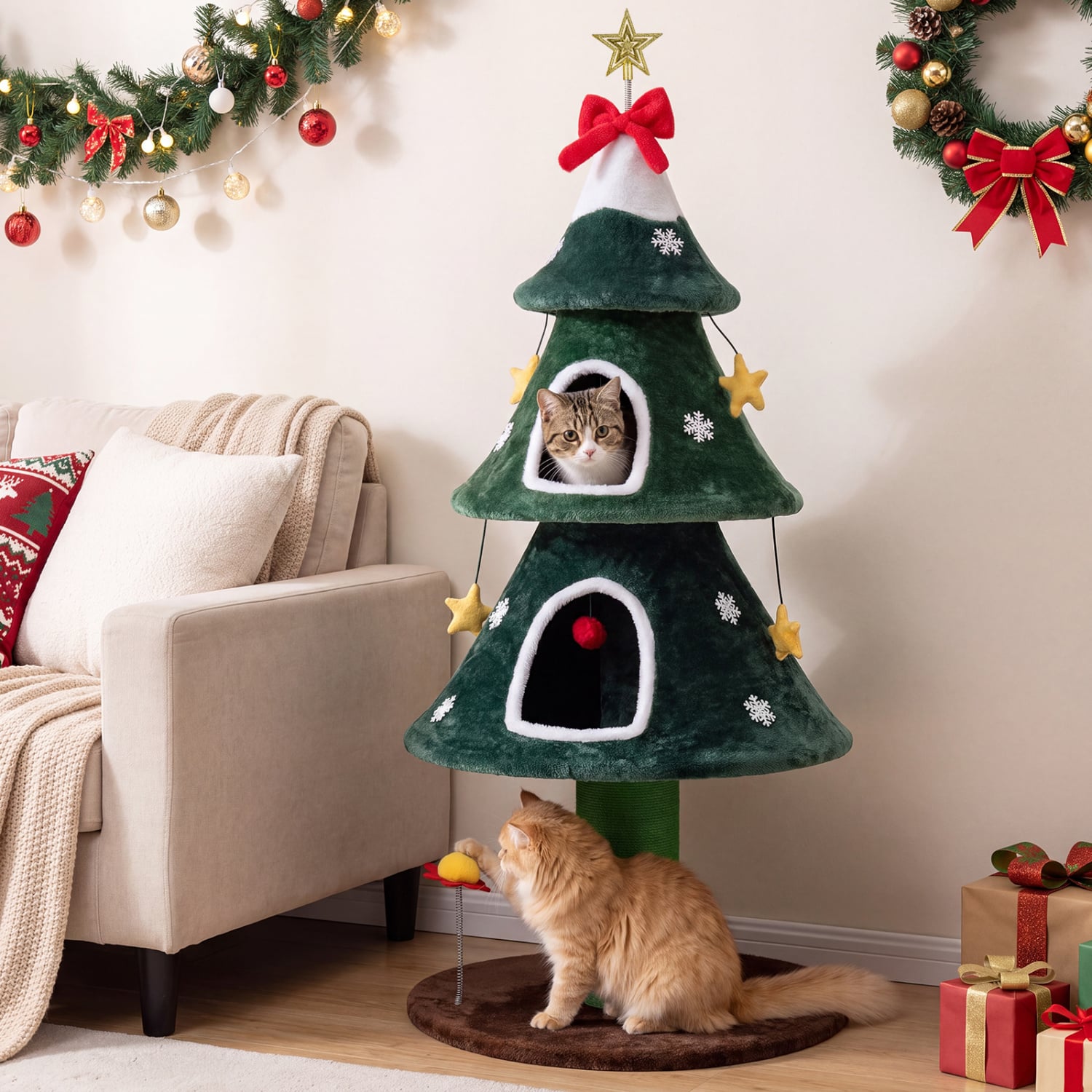 54 Inch Christmas Cat Tree, 2 Private Condos, Green Cat Trees Condos & Scratchers at Gallery Canada