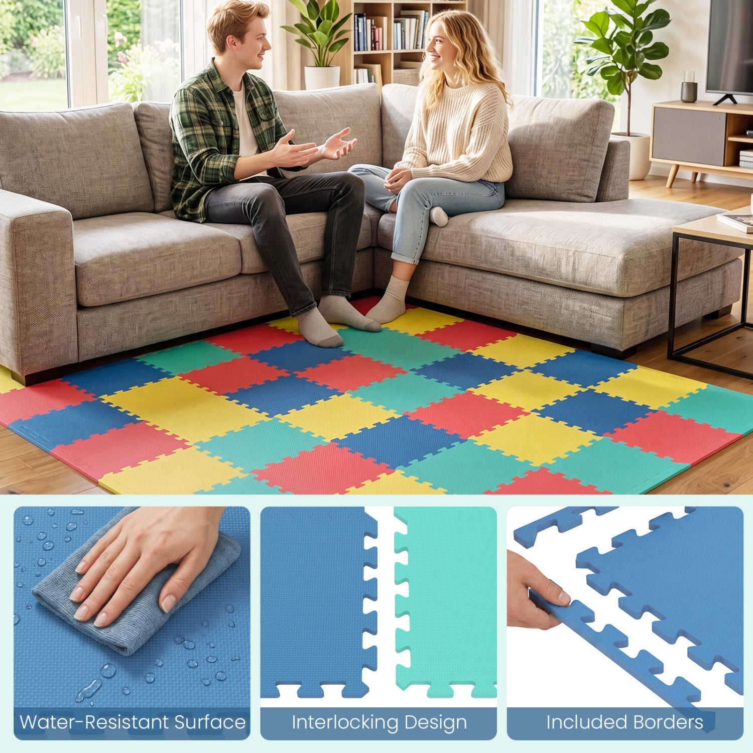 54 Pack EVA Foam Floor Tiles with Non-Slip & Borders for Home Gym, Multicolor Decorative Fencing & Flooring at Gallery Canada