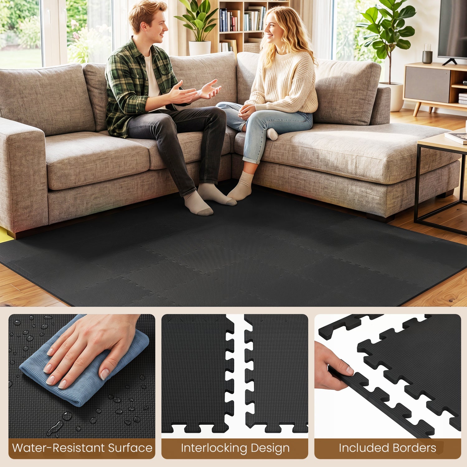 54 Pack EVA Foam Floor Tiles with Non-Slip & Borders for Home Gym, Black Decorative Fencing & Flooring at Gallery Canada