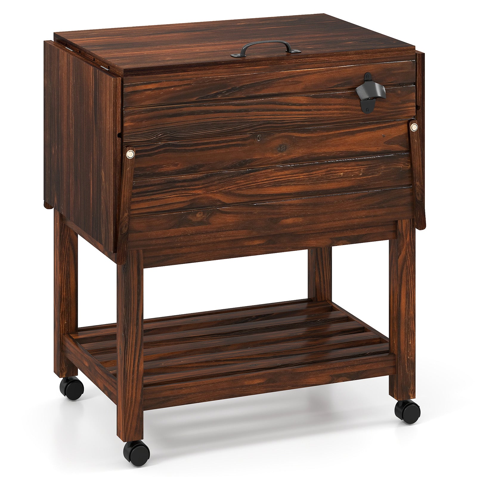 54 Quart Wooden Cooler Cart for Patio Rolling Ice Chest with Shelves, Brown Coolers Brown at Gallery Canada