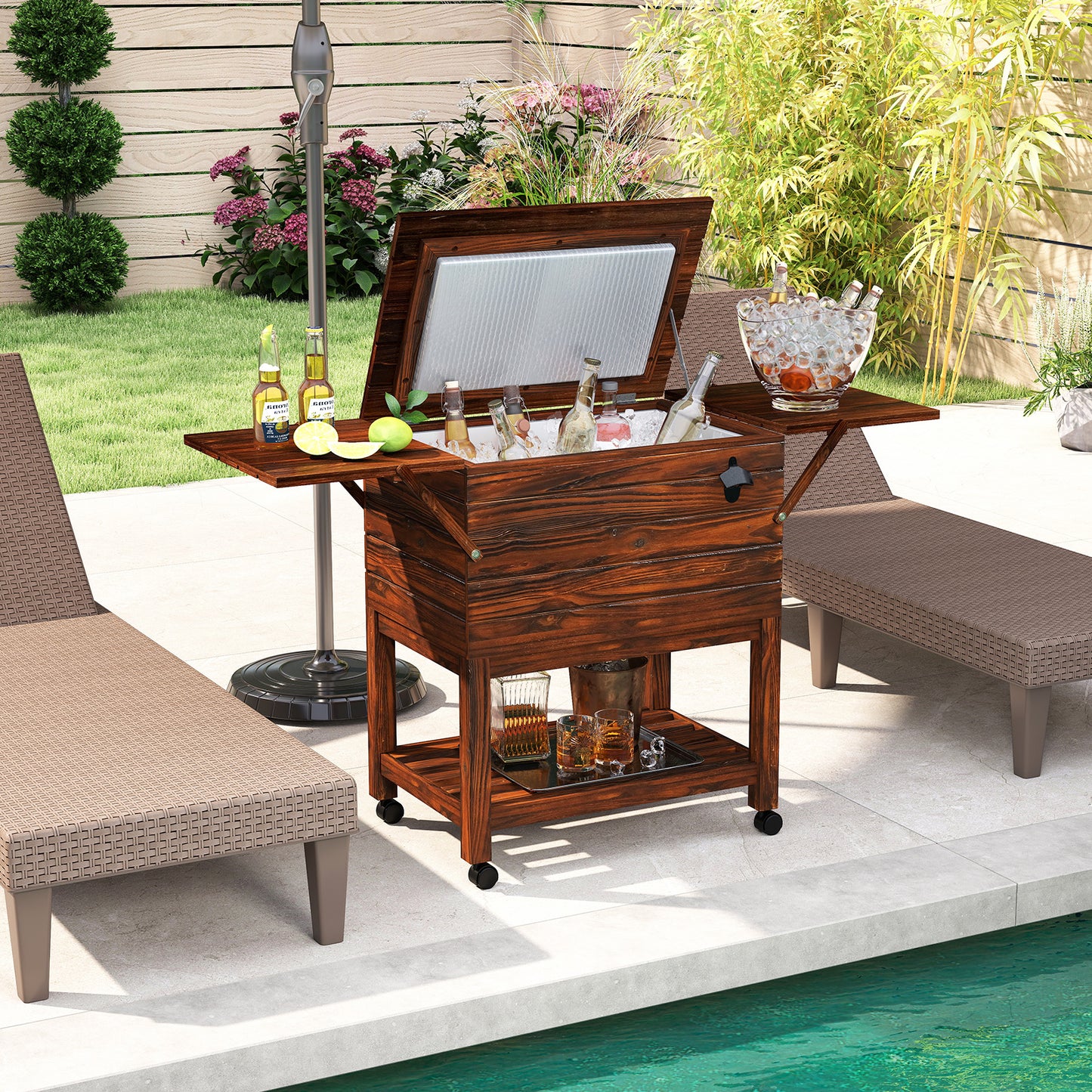 54 Quart Wooden Cooler Cart for Patio Rolling Ice Chest with Shelves, Brown Coolers at Gallery Canada