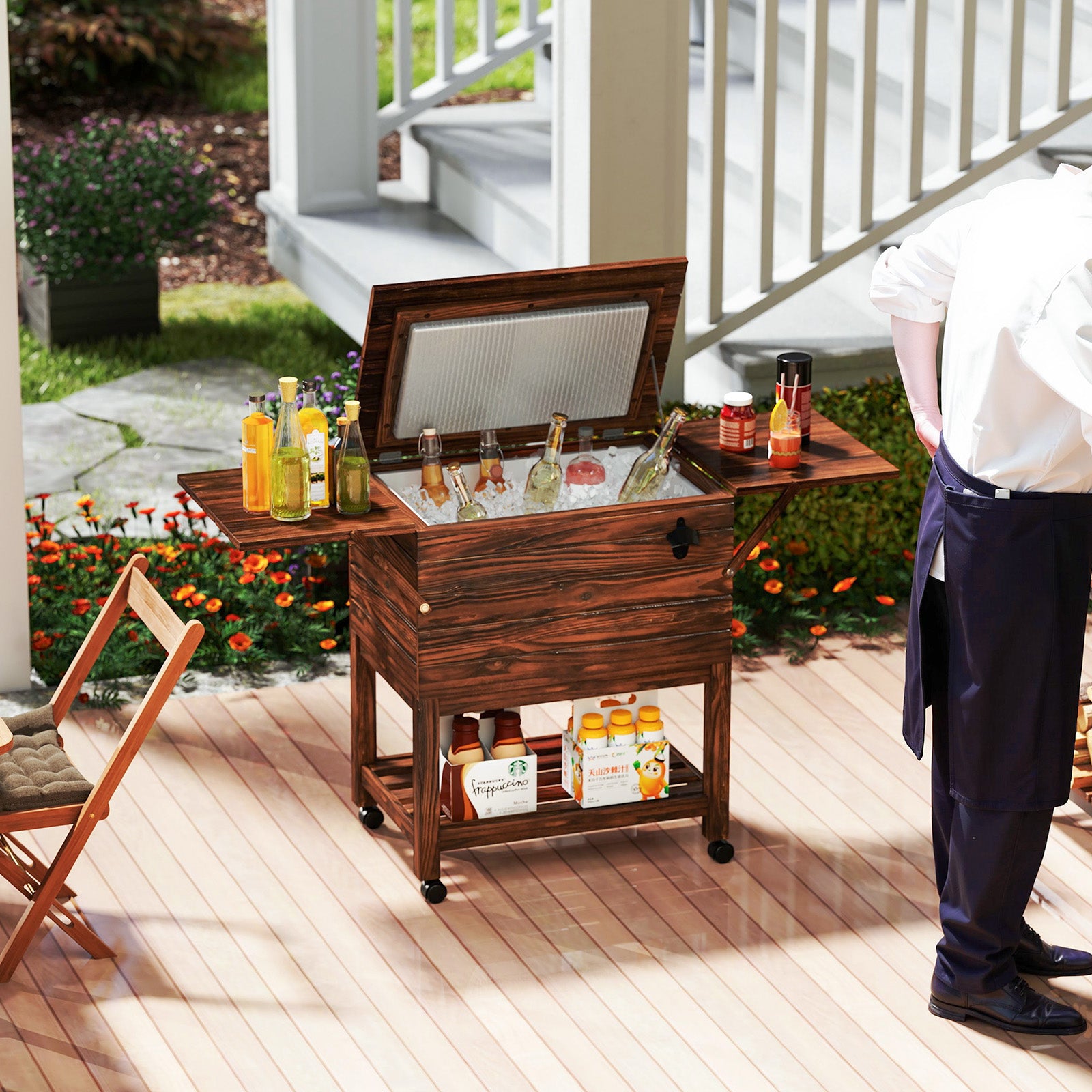 54 Quart Wooden Cooler Cart for Patio Rolling Ice Chest with Shelves, Brown Coolers at Gallery Canada