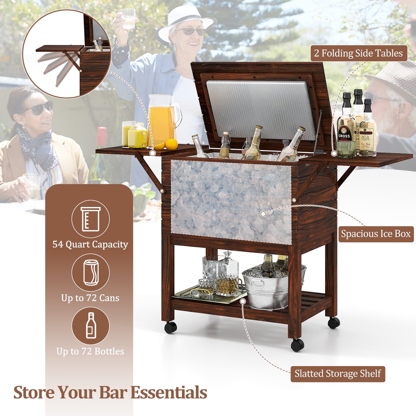 54 Quart Wooden Cooler Cart for Patio Rolling Ice Chest with Shelves, Brown Coolers at Gallery Canada