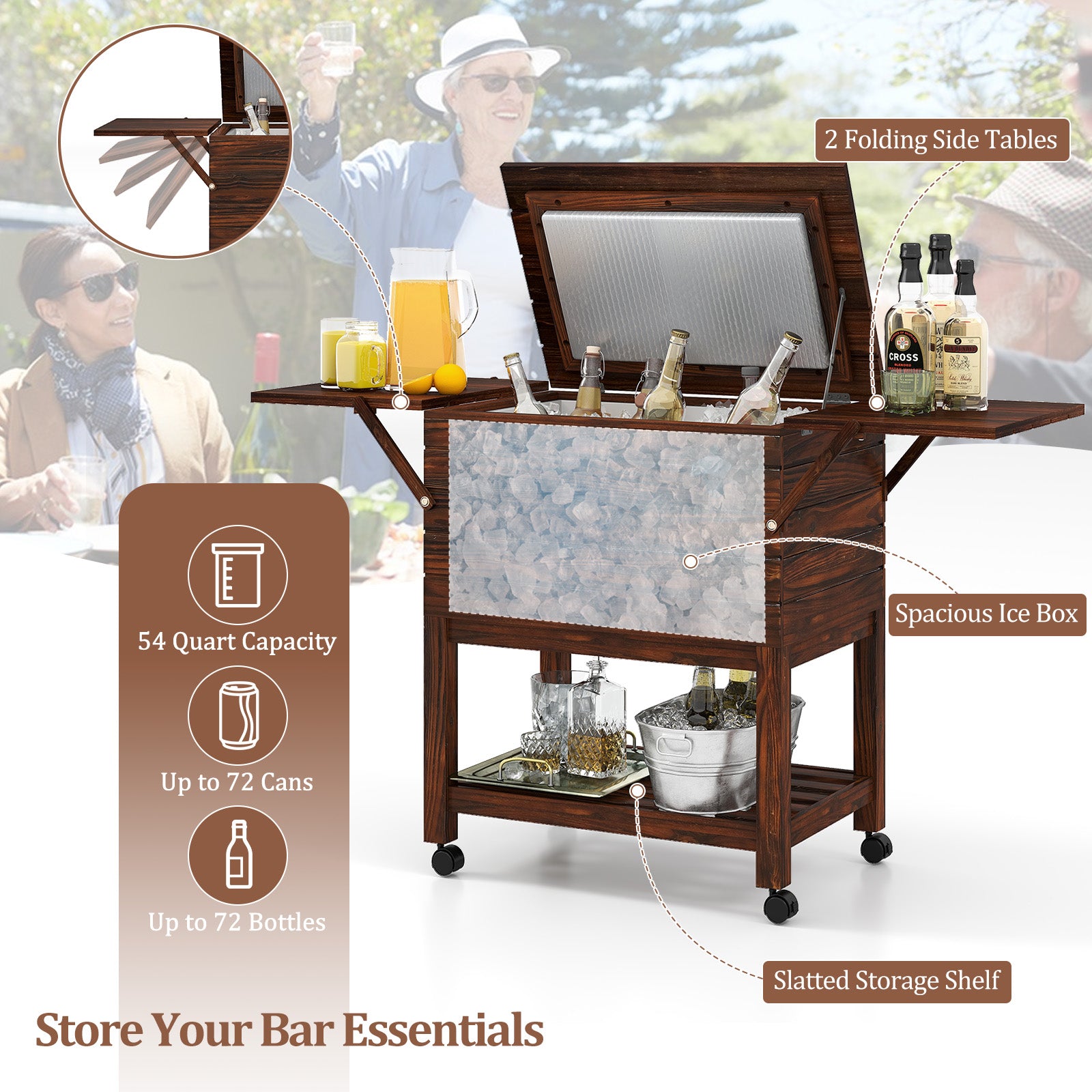 54 Quart Wooden Cooler Cart for Patio Rolling Ice Chest with Shelves, Brown Coolers at Gallery Canada