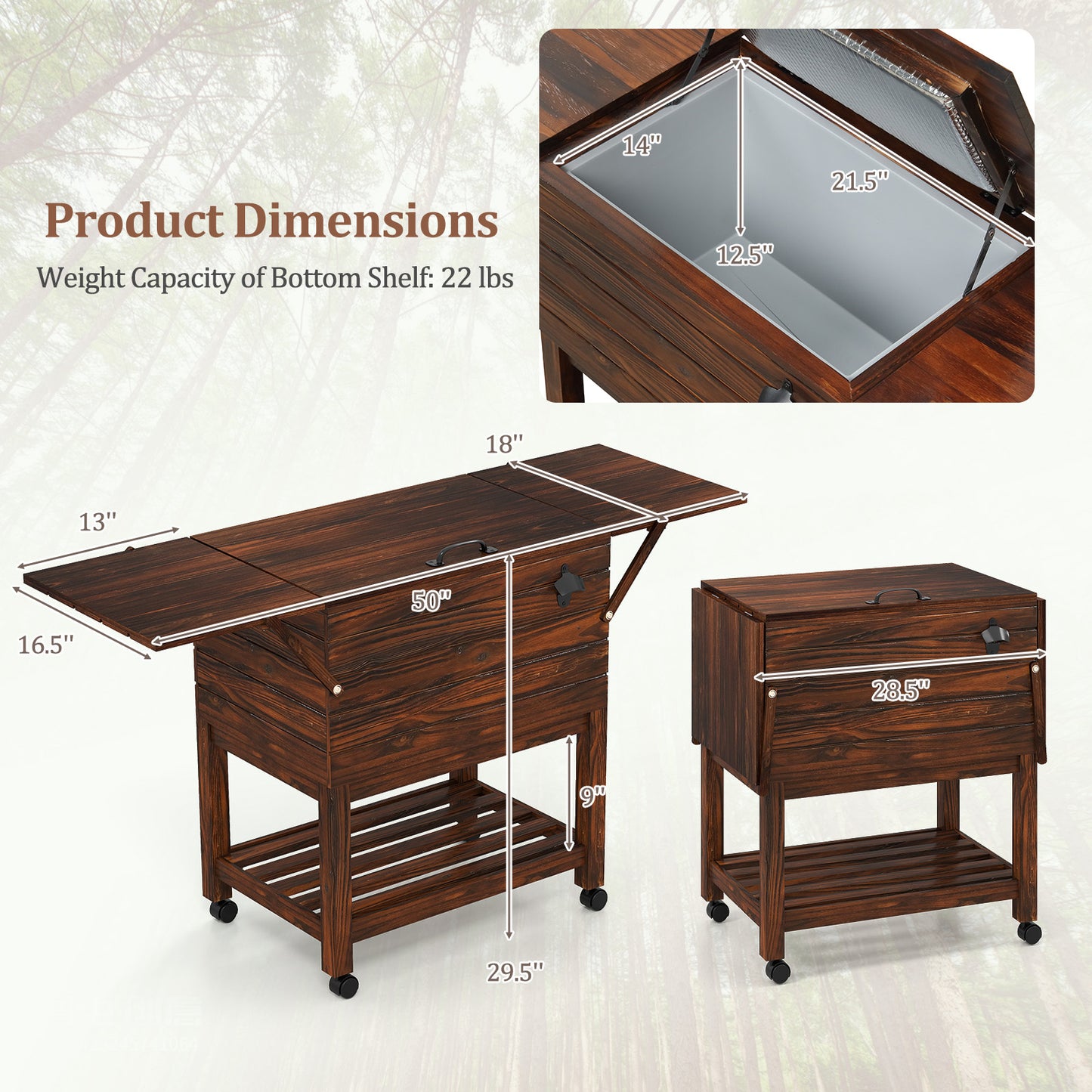 54 Quart Wooden Cooler Cart for Patio Rolling Ice Chest with Shelves, Brown Coolers at Gallery Canada