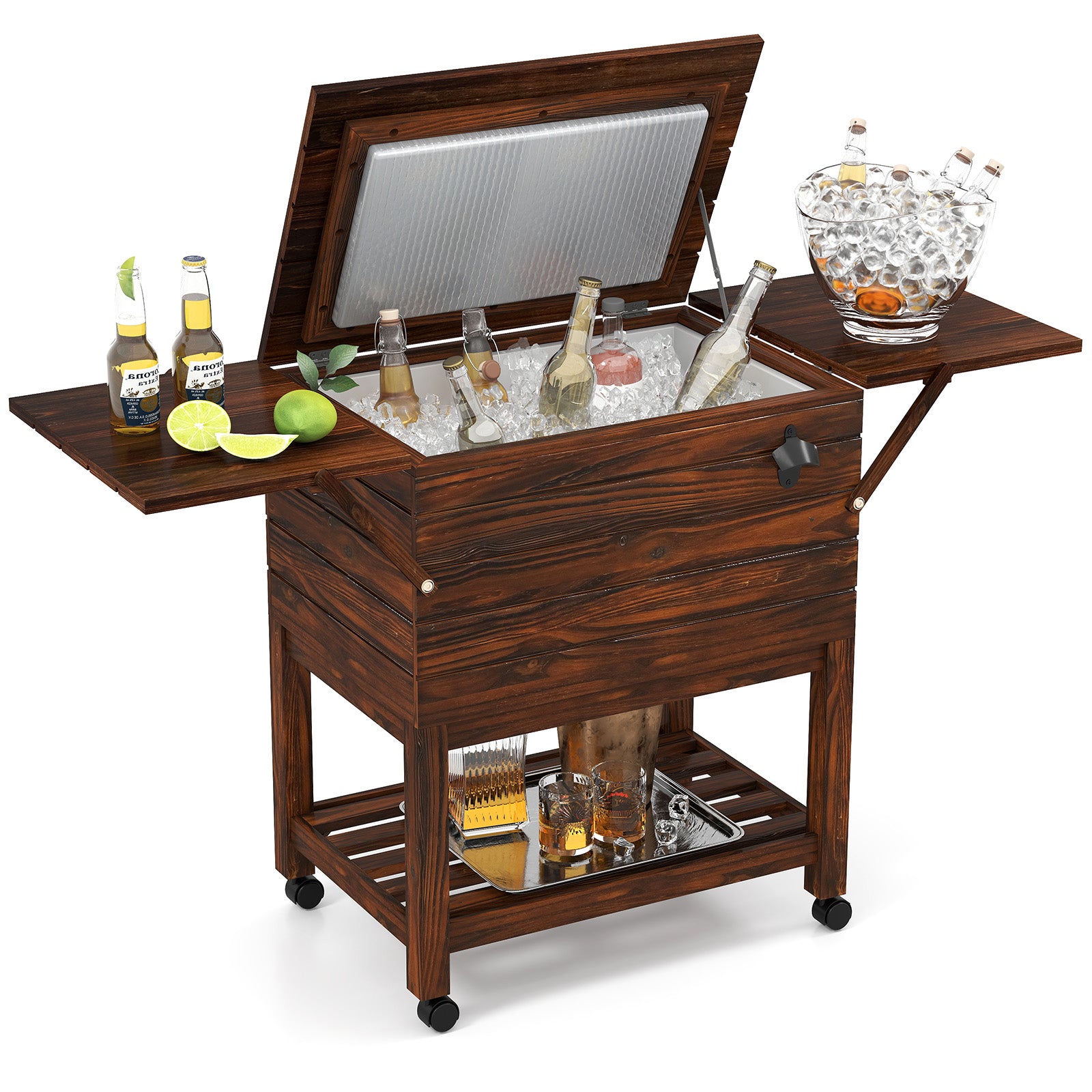 54 Quart Wooden Cooler Cart for Patio Rolling Ice Chest with Shelves, Brown Coolers at Gallery Canada