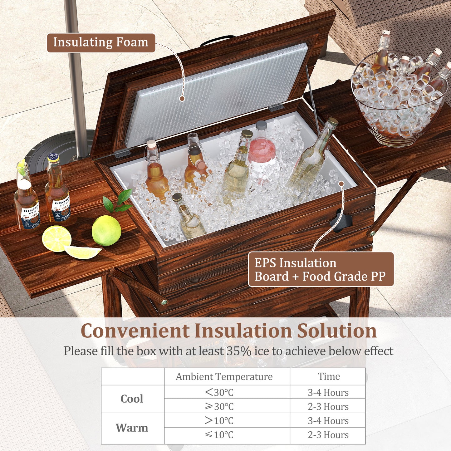 54 Quart Wooden Cooler Cart for Patio Rolling Ice Chest with Shelves, Brown Coolers at Gallery Canada